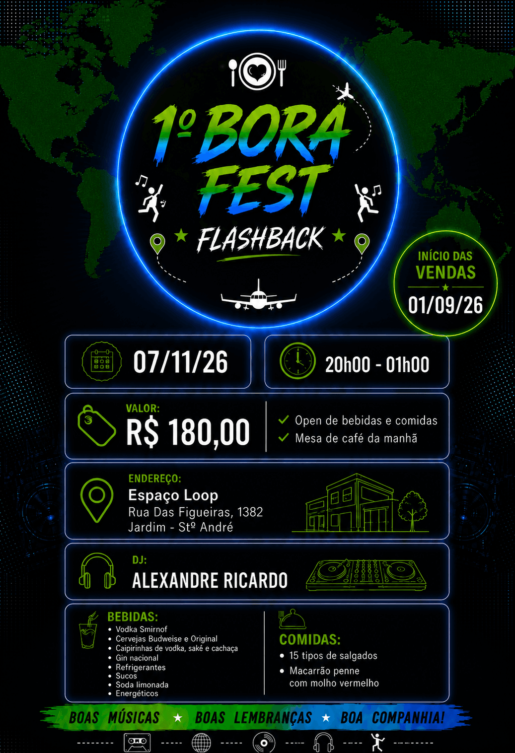 Cartaz do 1º Bora Fest Flashback com data, horário, valor, endereço, atrações, bebidas e comidas